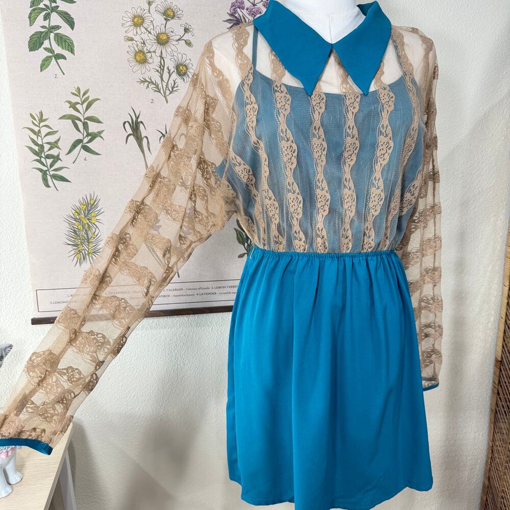 Vintage 90s Y2k Collared Sheer Lace Mini Dress Mod Retro Whimsy Twee 70s Style M - Picture 3 of 9